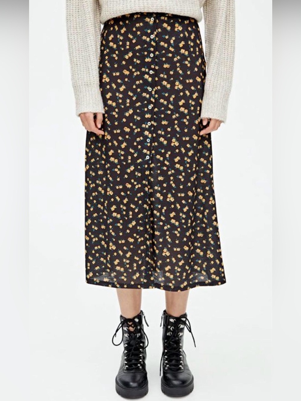Pull&Bear Black Midi Skirt with Yellow Floral Print